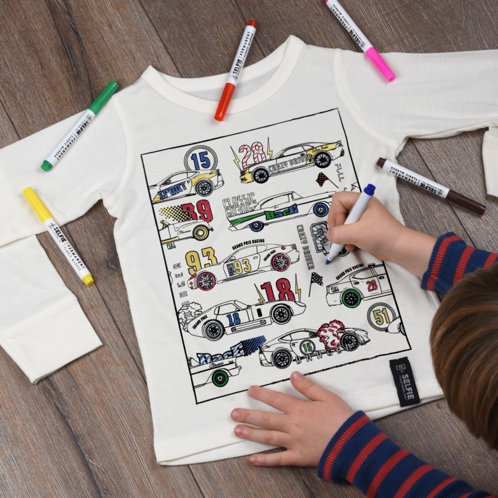 SELFIE CLOTHING colour in top with Cars + pencils, various sizes