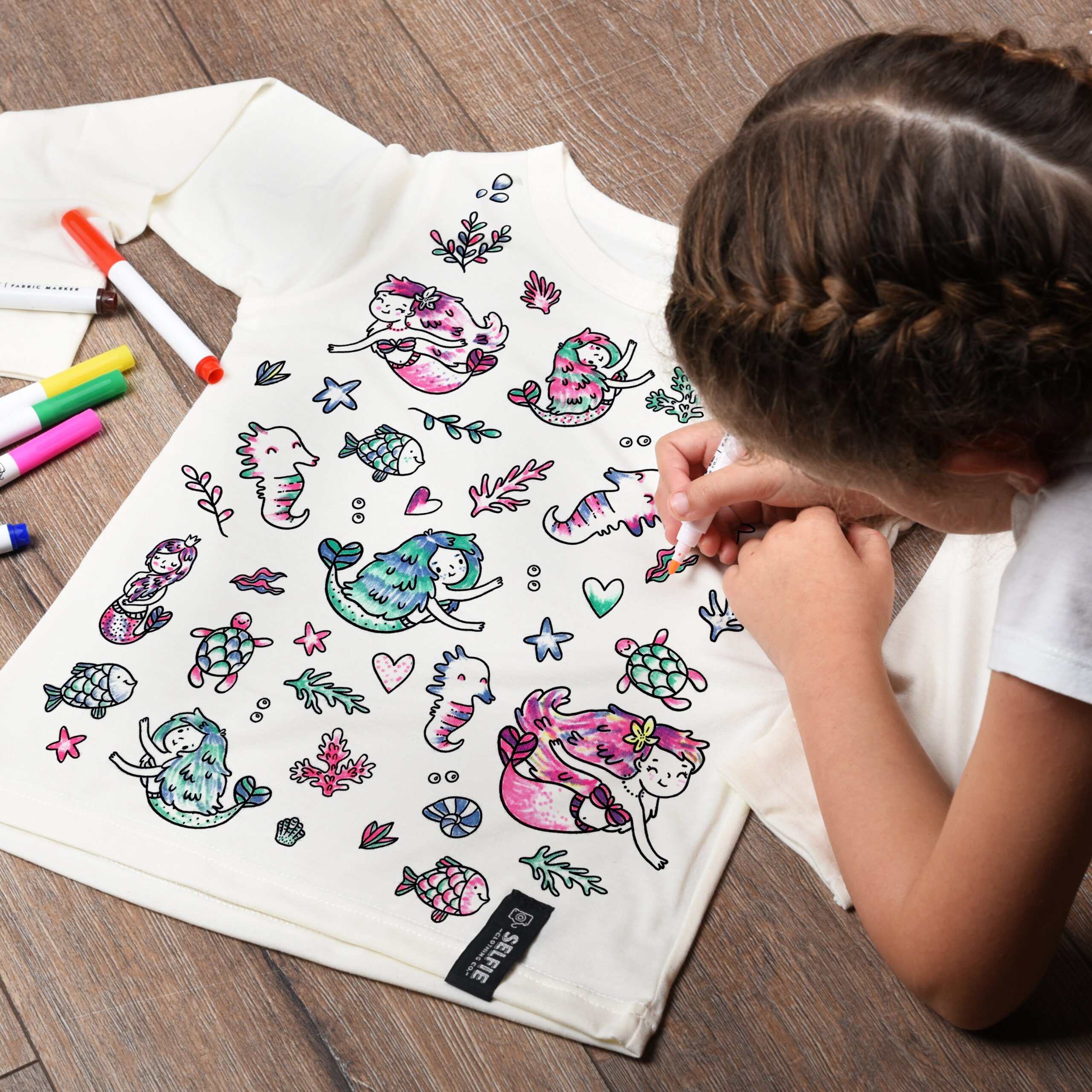 SELFIE CLOTHING colour in top with Mermaid + pencils, various sizes