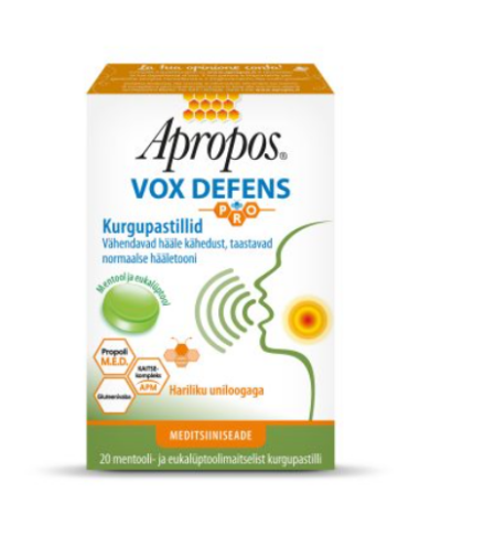 APROPOS VOX DEFENS kurgupastillid mentooli- ja eukalüptoolimaitselised, 20tk
