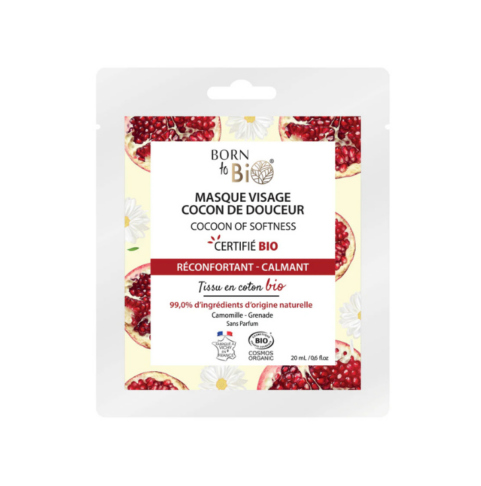 BORN TO BIO Rahustav kangas näomask orgaaniliste kummeli- ja granaatõunaekstraktidega Cocoon of softness, 20 ml