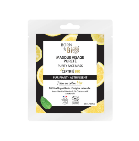 BORN TO BIO Puhastav kangas näomask orgaanilise piparmündi hüdrolaadi, aktiivsöe ja yuzu-ekstraktiga Purity, 20ml