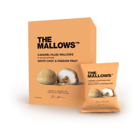 THE MALLOWS Karamellitäidisega vahukommid valge šokolaadi, passionivilja ja astelpajuga, 5x11g