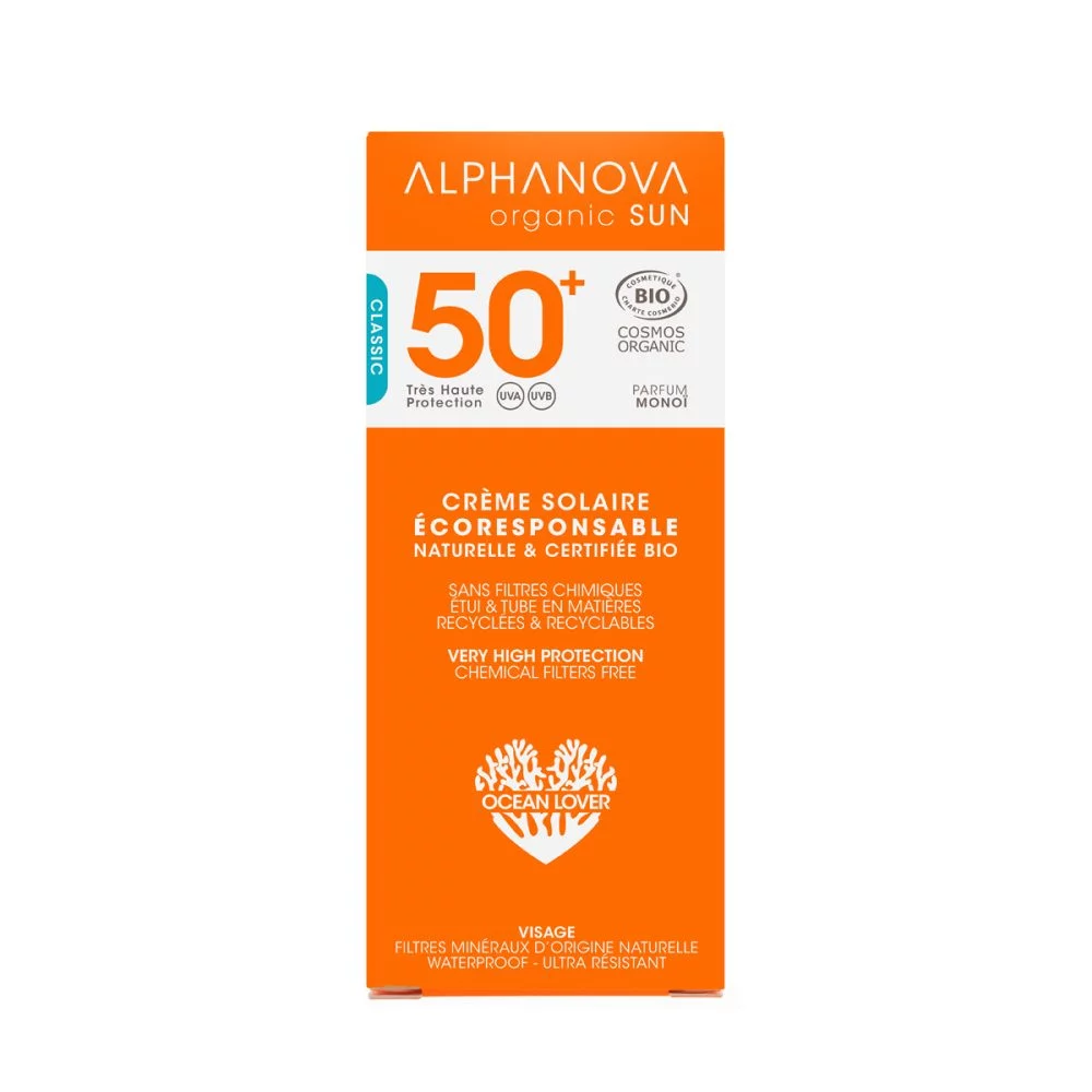 ALPHANOVA SUN SPF50 Orgaaniline veekindel päikesekreem näole jojobaõliga monoi lõhnaga, 50g