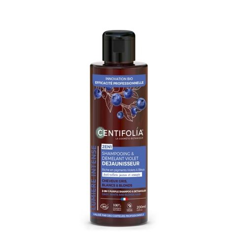 CENTIFOLIA kollast alatoone neutraliseeriv šampoon hallikatele ja blondidele juustele mustika, maguskartuli ja aasia jasmiiniga, 200ml