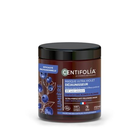 CENTIFOLIA Ultra Violet kollasust neutraliseeriv juuksemask orgaanilise mustika ja looduslike pigmentidega hallidele ja blondidele juustele, 250ml