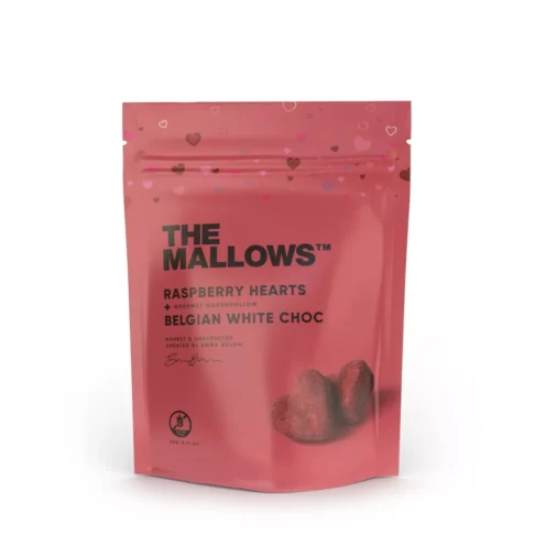 THE MALLOWS vahukommi südamed Belgia valge šokolaadi ja vaarikaga, 90g