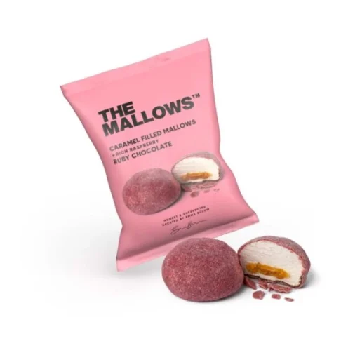 THE MALLOWS Karamelliga täidetud vahukommid kaetud puuviljase Ruby šokolaadiga, 1tk