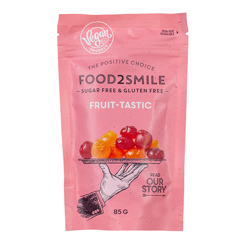 FOOD2SMILE Fruit-tastic suhkruvabad puuviljakommid apelsini- ja kirsimaitsega, 85g