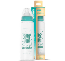 BABOO® Anti-koolikute borosilikaatklaasist lutipudel kitsa kaelaga meditsiinilisest silikoonist lutiga 3+ kuud, 240 ml