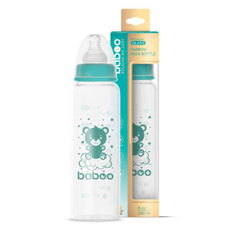 BABOO® Anti-koolikute borosilikaatklaasist lutipudel kitsa kaelaga meditsiinilisest silikoonist lutiga 3+ kuud, 240 ml
