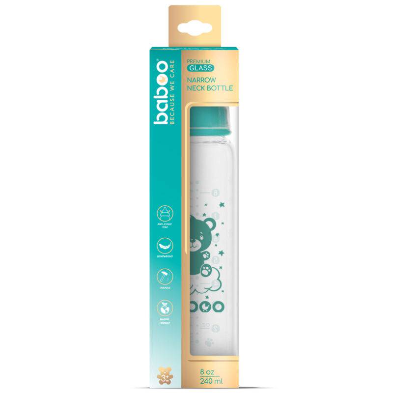 BABOO® Anti-koolikute borosilikaatklaasist lutipudel kitsa kaelaga meditsiinilisest silikoonist lutiga 3+ kuud, 240 ml - Pilt 7