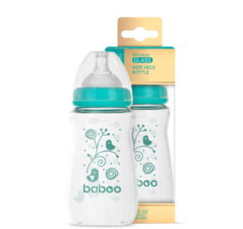 BABOO® Anti-koolikute borosilikaatklaasist lutipudel laia kaelaga meditsiinilisest silikoonist lutiga 3+ kuud, 250 ml