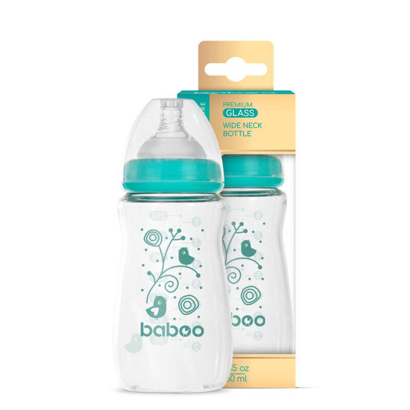 BABOO® Anti-koolikute borosilikaatklaasist lutipudel laia kaelaga meditsiinilisest silikoonist lutiga 3+ kuud, 250 ml