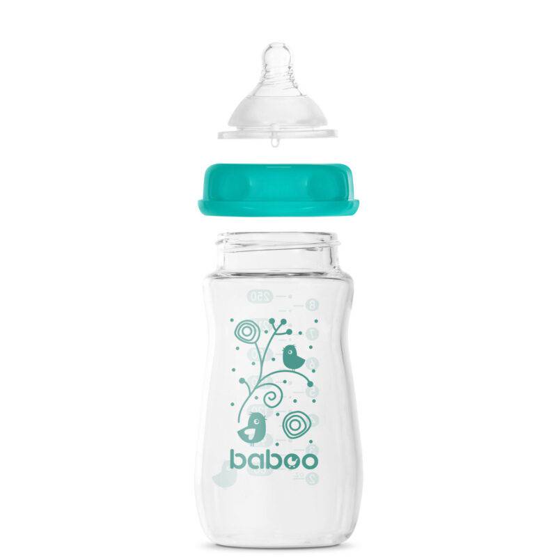 BABOO® Anti-koolikute borosilikaatklaasist lutipudel laia kaelaga meditsiinilisest silikoonist lutiga 3+ kuud, 250 ml - Pilt 3