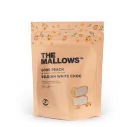 THE MALLOWS Sour Peach vahukommid kaetud valge belgia šokolaadiga, 90g