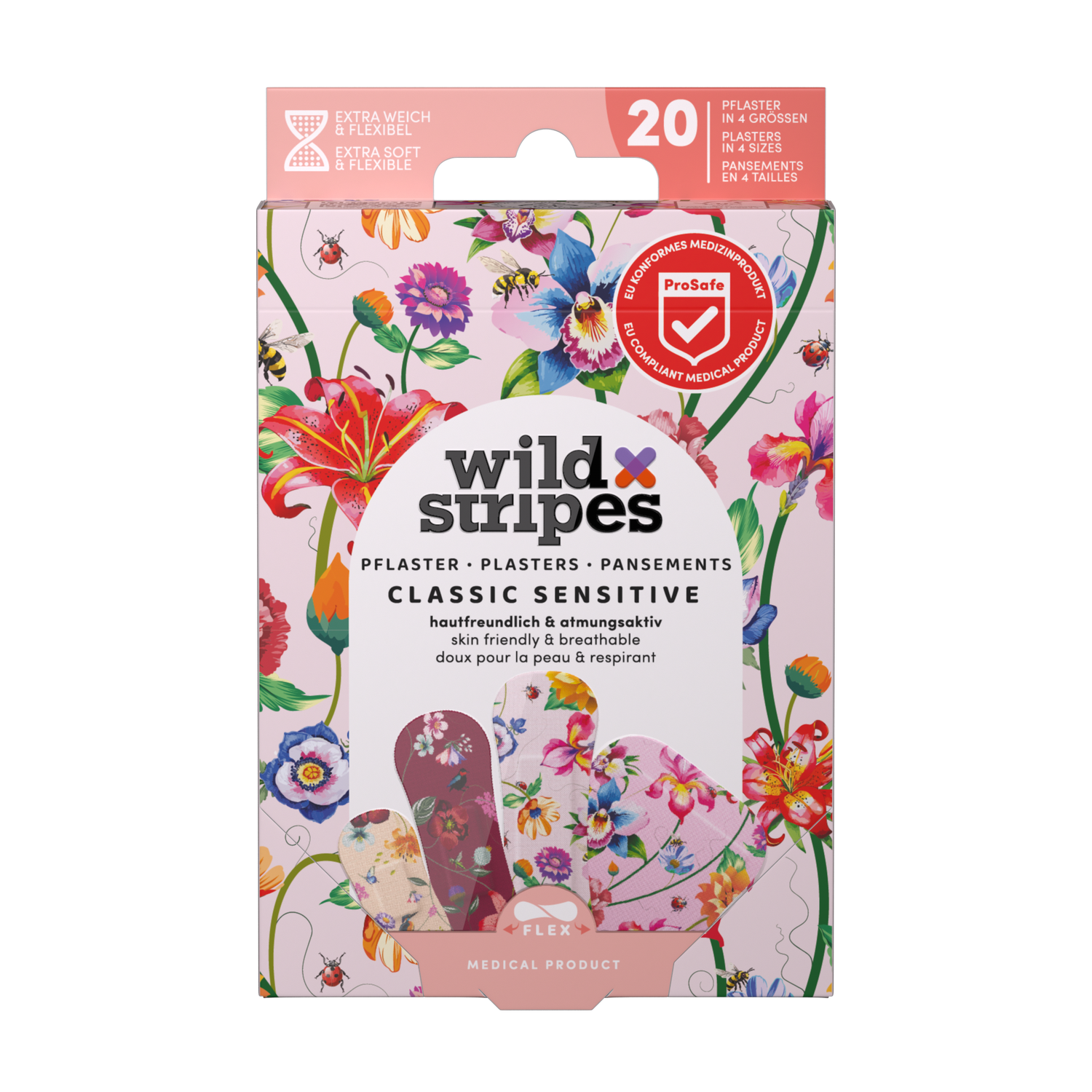 WILD STRIPES Classic Sensitive Vintage Flowers lõbusad ja nahasõbralikud plaastrid tundlikule nahale, 20tk