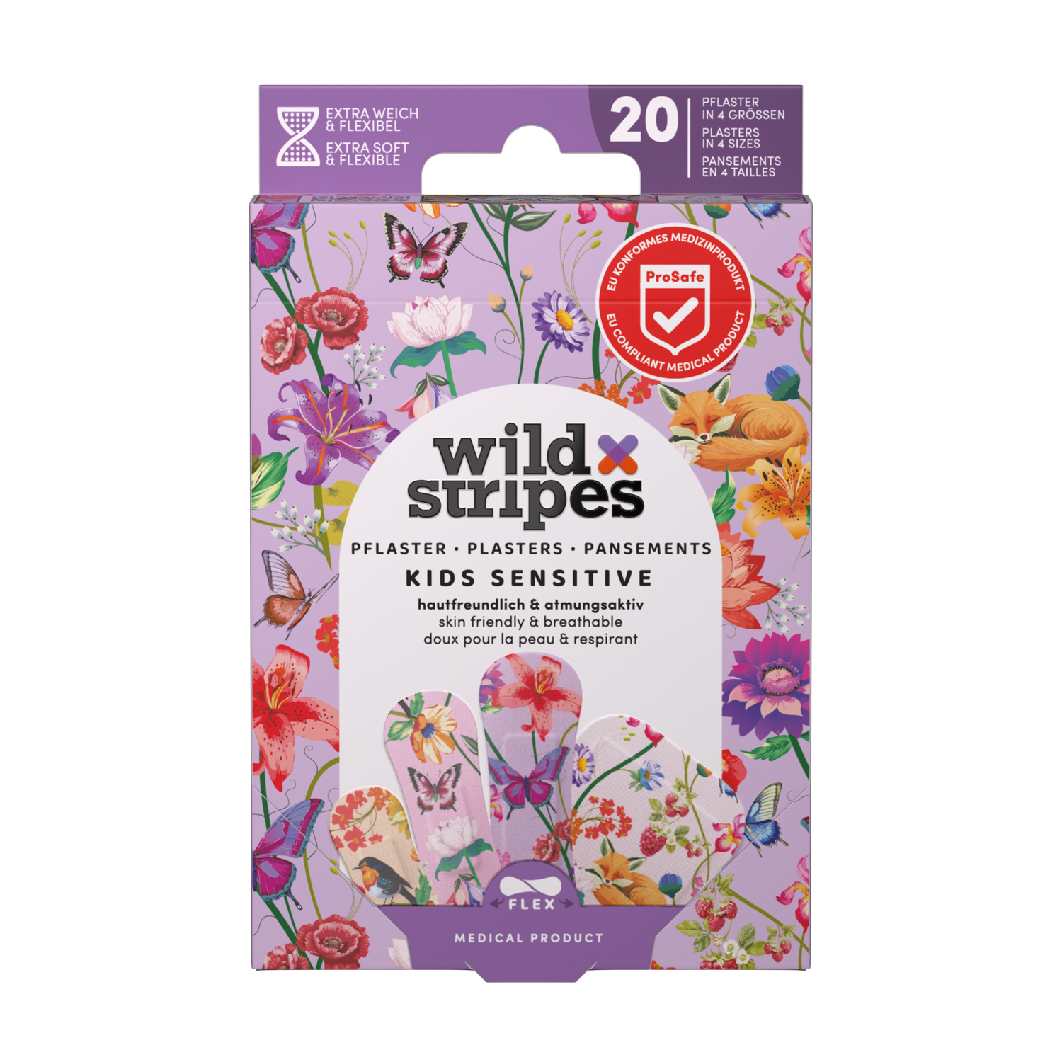 WILD STRIPES Kids Sensitive Garden Adventure lõbusad ja nahasõbralikud plaastrid tundlikule nahale, 20tk
