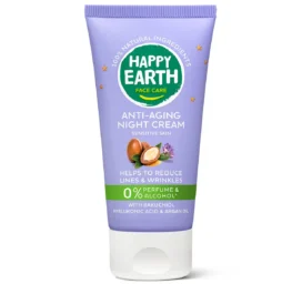 HAPPY EARTH Anti-Age 100% looduslik näohoolduse vananemisvastane öökreem bakuchioli ja hüaluroonhappega, 50ml