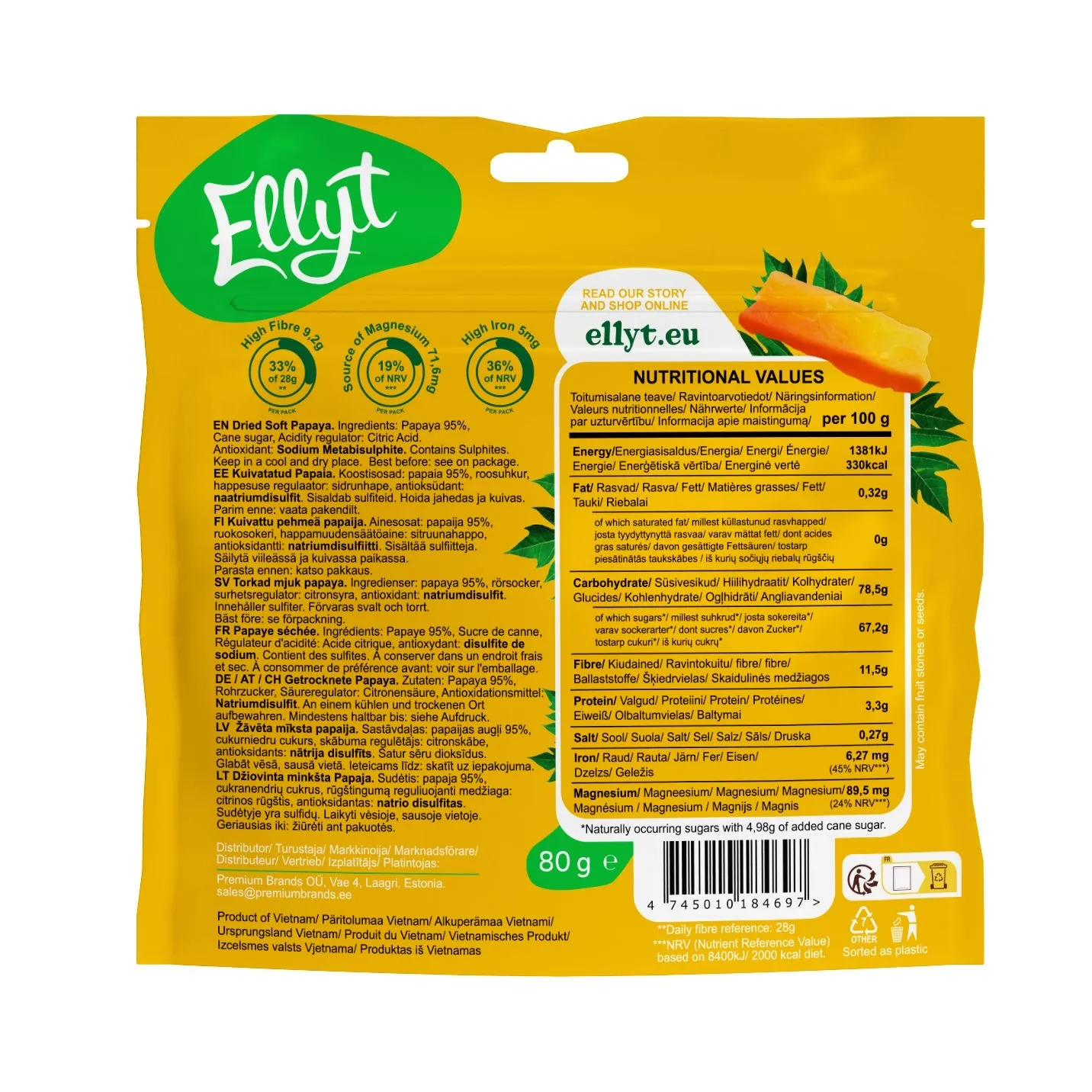 Ellyt Kuivatatud pehme papaia, 80g - Pilt 2