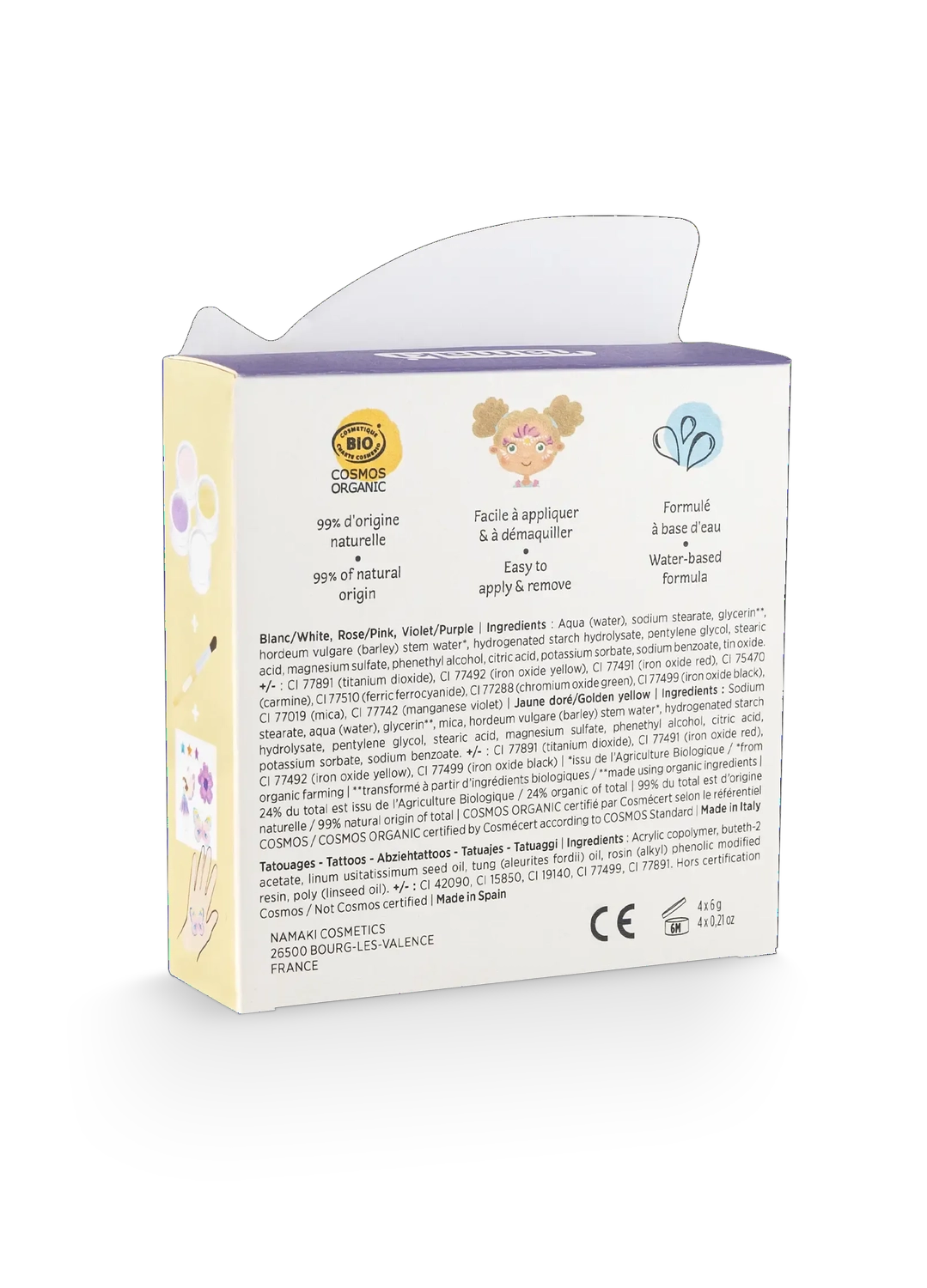 NAMAKI BIO näovärvide komplekt: roosa, lilla, kuldkollane, valge ning ajutised tätoveeringud, Butterfly - Pilt 2