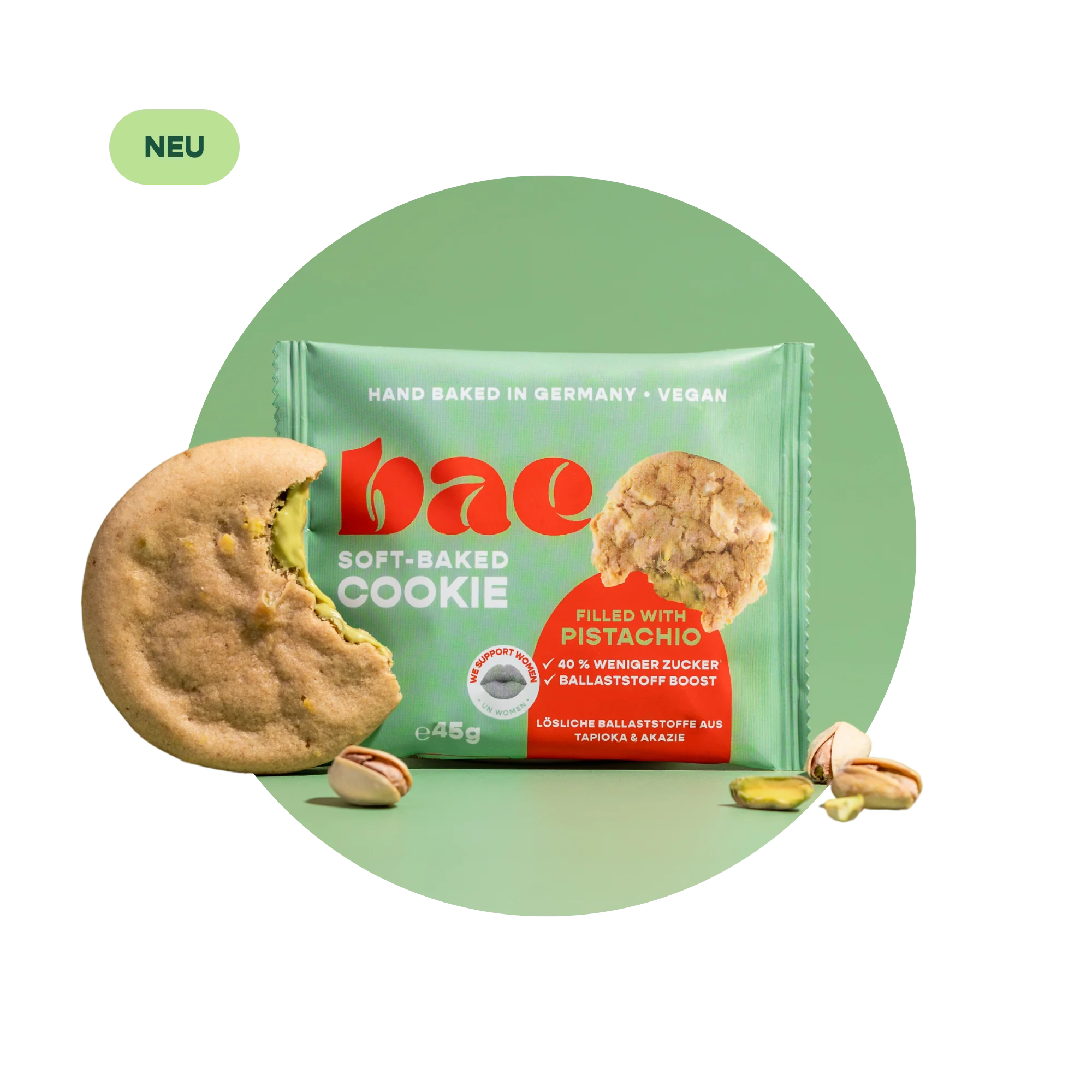 BAE Küpsetatud vegan küpsised pistaatsiakreemi täidisega Pistachio, 45g