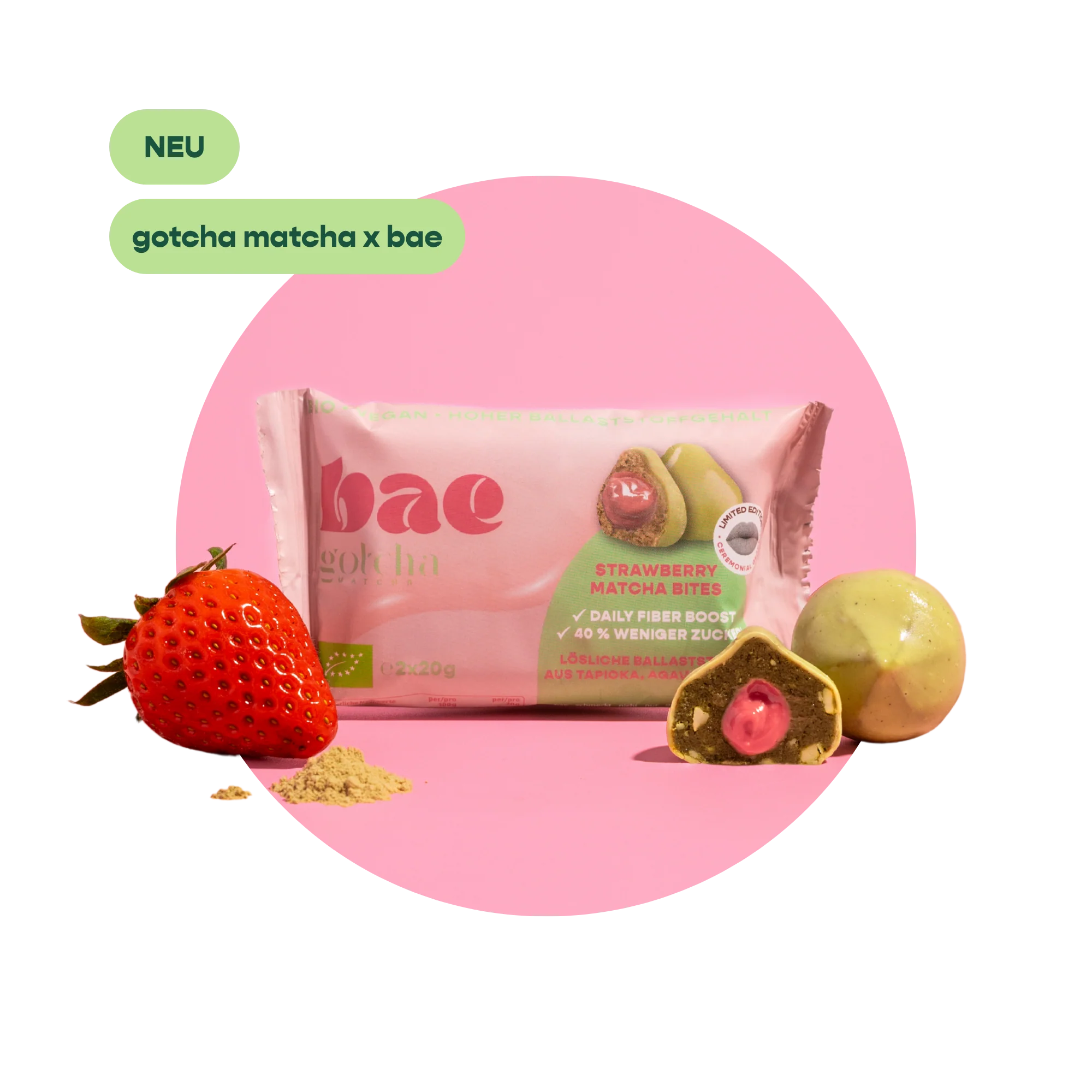 BAE Orgaanilised matcha-datliampsud maasikakreemi ja Šveitsi šokolaadiga Strawberry Matcha, 2x20g