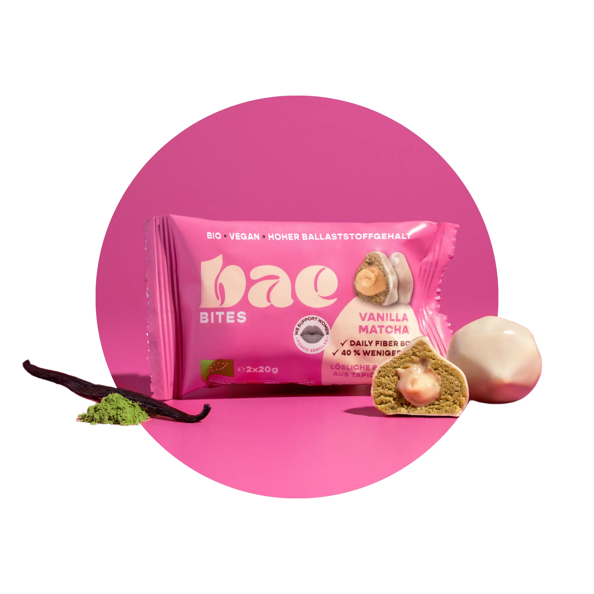 BAE Orgaanilised matcha-datliampsud vanillikreemi ja Šveitsi šokolaadiga Vanilla matcha, 2x20g