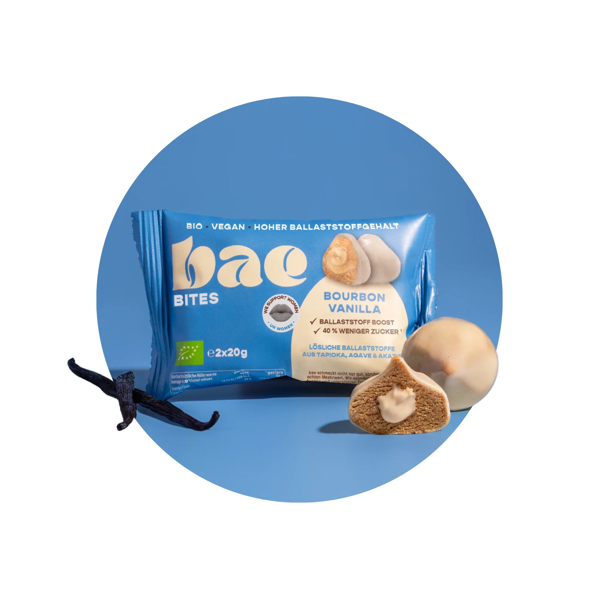 BAE Orgaanilised vanillikreemiga täidetud datliampsud Šveitsi šokolaadiglasuuris Bourboni vanilla, 2x20g