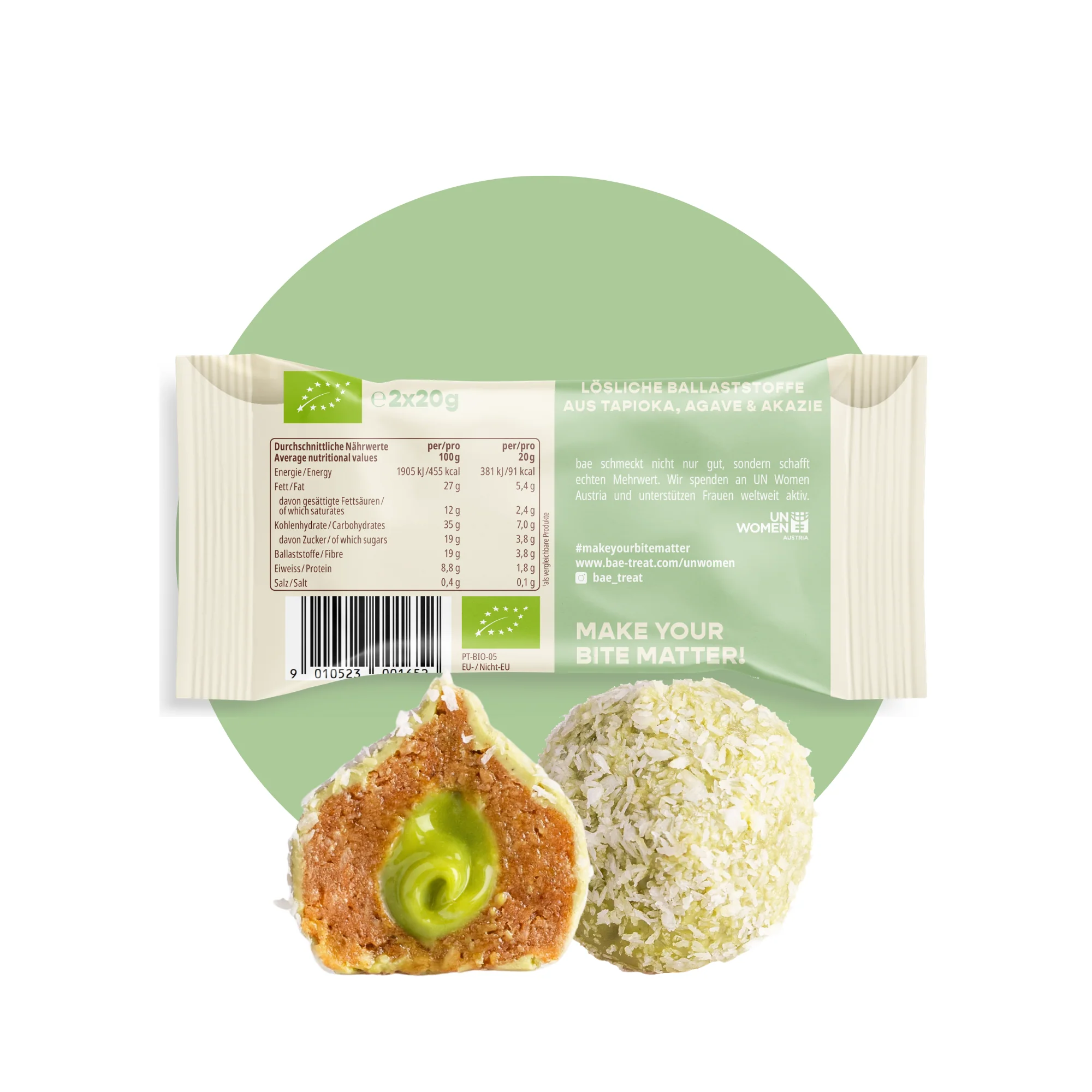 BAE Orgaanilised matcha-datliampsud kookoskreemi ja Šveitsi šokolaadiga Coconut matcha, 2x20g - Image 3
