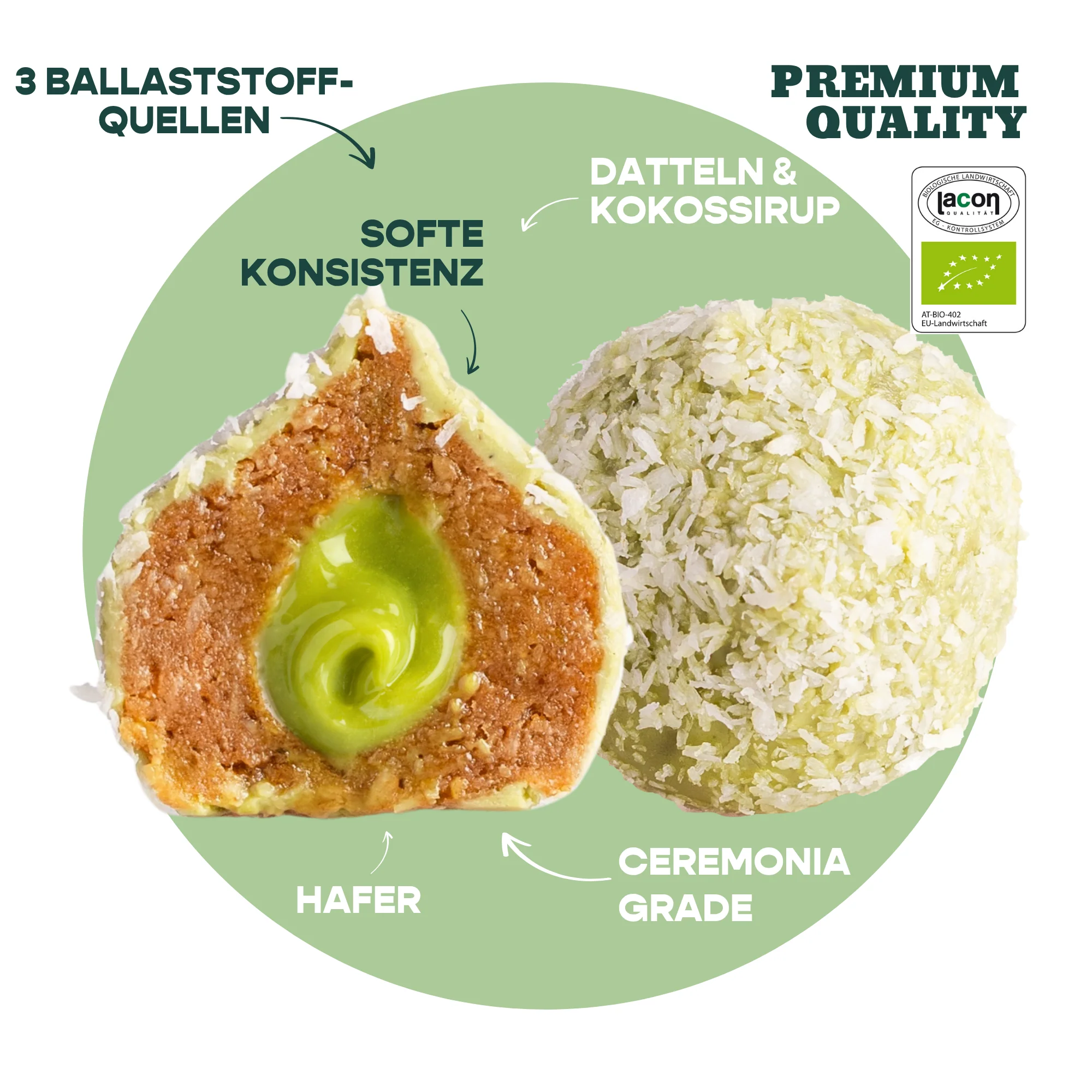 BAE Orgaanilised matcha-datliampsud kookoskreemi ja Šveitsi šokolaadiga Coconut matcha, 2x20g - Image 2