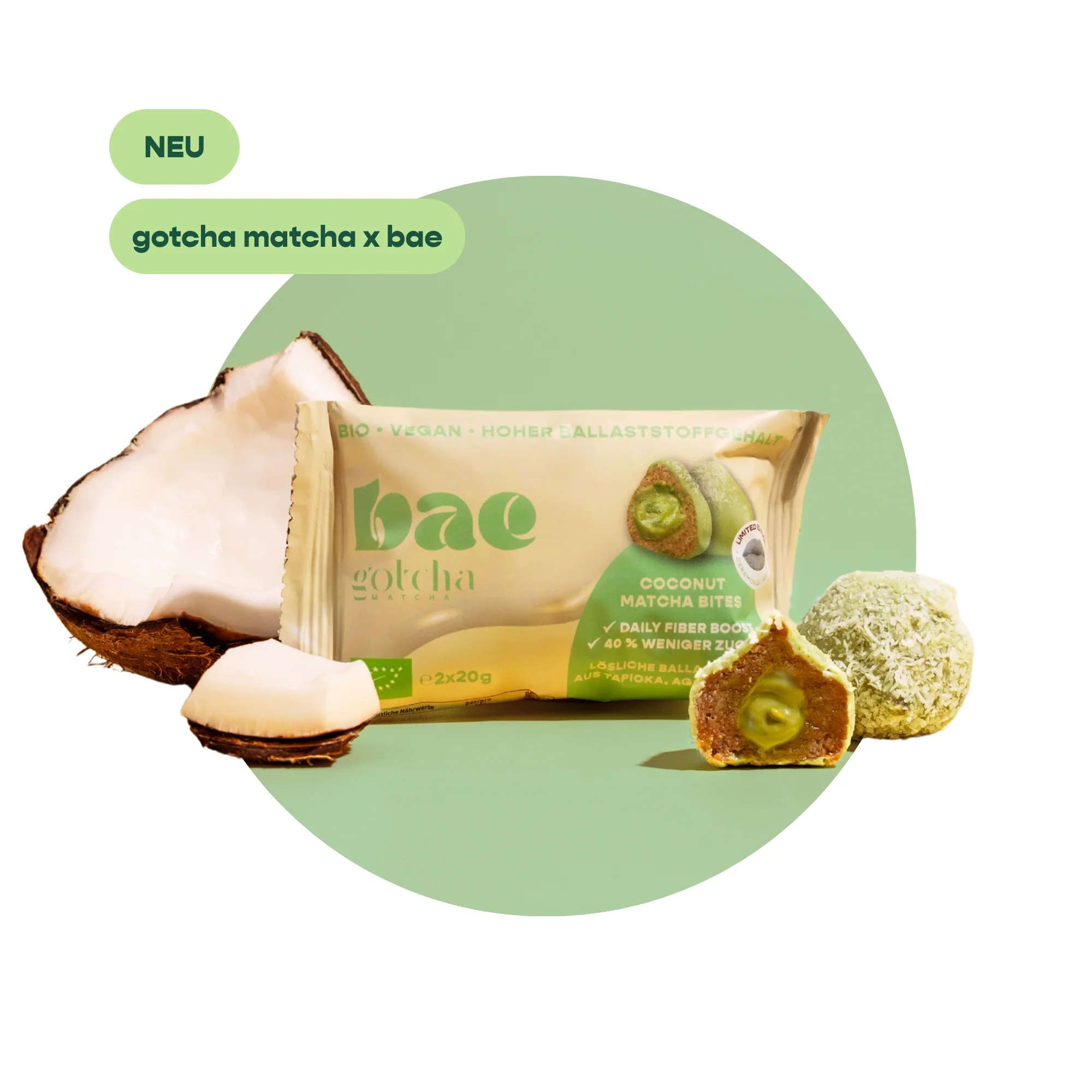 BAE Orgaanilised matcha-datliampsud kookoskreemi ja Šveitsi šokolaadiga Coconut matcha, 2x20g
