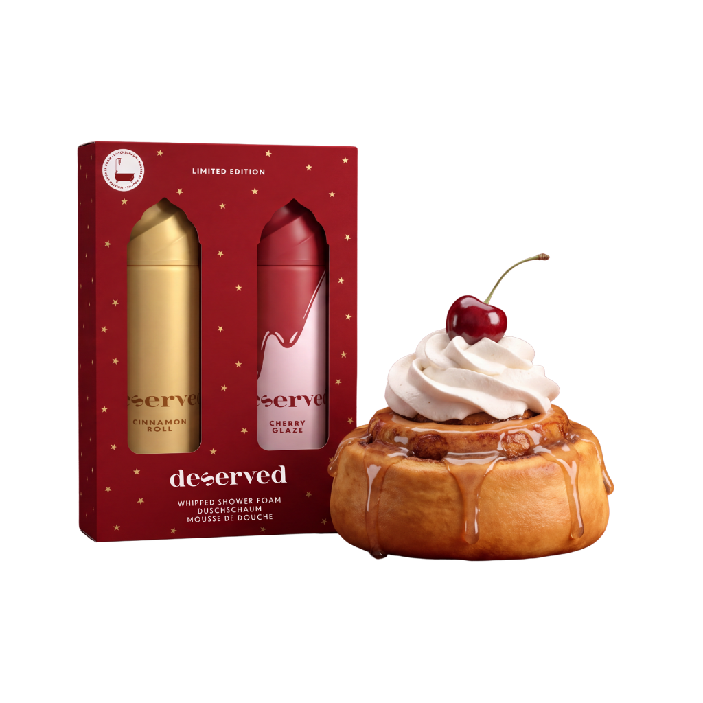 DESERVED Õhuliste dušivahtude jõulukomplekt Cherry Glaze & Cinnamon Roll, 2 × 250 ml