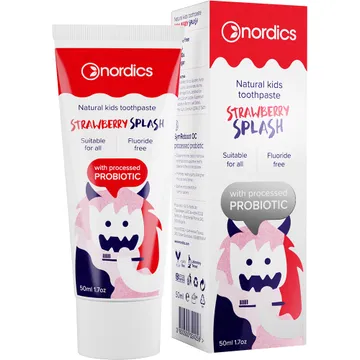 NORDICS Maasikamaitseline fluoriidivaba hambapasta lastele 3 kuud – 3 aastat, 50 ml