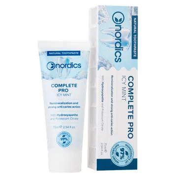 NORDICS COMPLETE PRO Remineraliseeriv floriidivaba hambapasta hüdroksüapatiidiga granaatõuna ja salveiga Icy Mint, 75ml