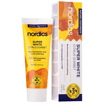 NORDICS SUPER WHITE Citrus Sorbet remineraliseeriv ja valgendav fluoriidivaba hambapasta hüdroksüapatiidiga, 75 ml